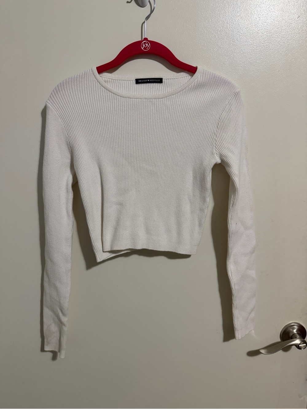 Brandy Melville Cream Ribbed Long-Sleeve Cropped Top